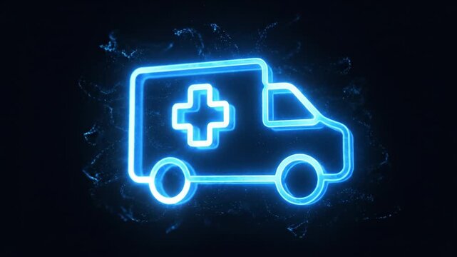 Futuristic glowing blue neon ambulance icon for urgent medical care and emergency service. modern symbol representing healthcare technology, hospital support, and first aid rescue