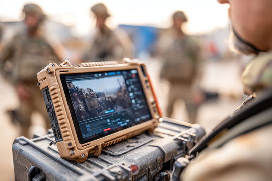 Rugged tablet displaying military video feed