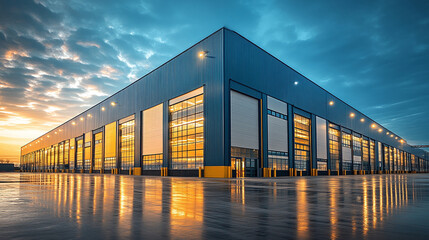 Industrial logistics center illuminated at dusk representing storage, transportation, and business infrastructure.