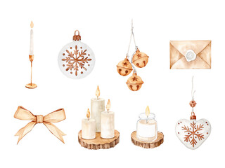 Watercolor Christmas Clipart Set with Candles, Ornaments, and Holiday Decorations
