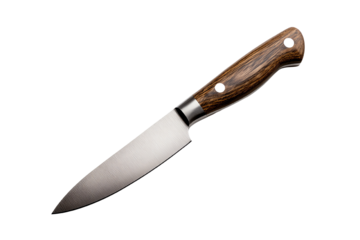 Sharp kitchen knife with a wooden handle, isolated on a white background for culinary use.