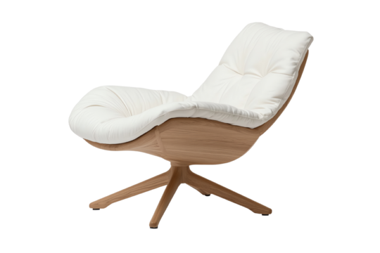 Stylish modern lounge chair with soft white cushion and wooden base, perfect for home decor and relaxing spaces.