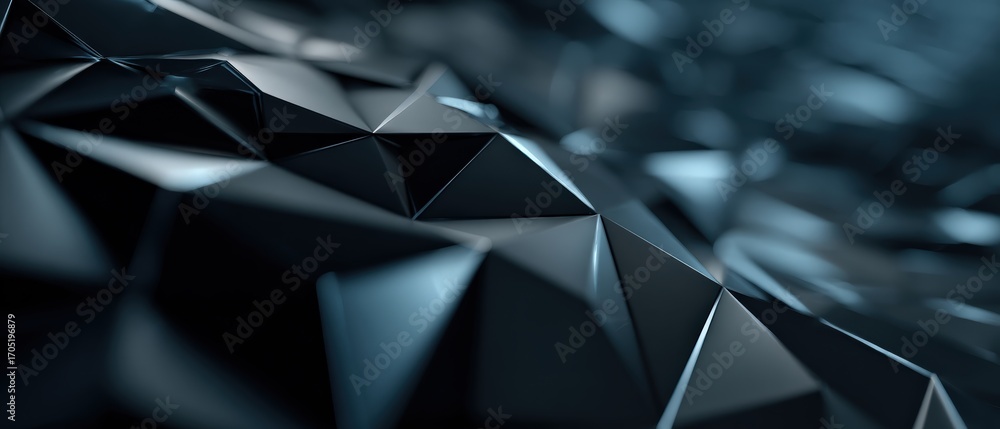 Poster abstract dark blue polygonal surface with sharp geometric edges and blurred background, creating a m