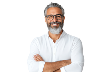 Smiling man with glasses and a beard, wearing a white shirt, arms crossed, isolated on a white background.