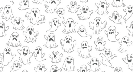 Fototapeta premium Seamless pattern featuring hand drawn ghosts, perfect for halloween themed backgrounds, textiles, or wrapping paper designs