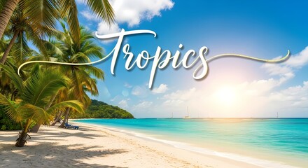 Obraz premium Tropical beach paradise with palm trees and sunlit ocean horizon