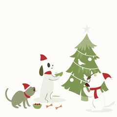 Cute cartoon dogs and cat wearing santa hats decorating a christmas tree with ornaments and treats for the holidays