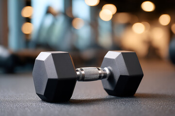 Black hexagonal dumbbell resting on gym floor with blurred fitness equipment in background