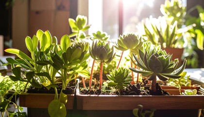 Sunny close-up of potted succulent plants. Bright light shines, highlighting diverse textures and shapes, with other greenery blurred in the background