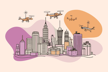 Obraz premium Modern city skyline with futuristic drones flying above buildings in a whimsical hand drawn illustration style