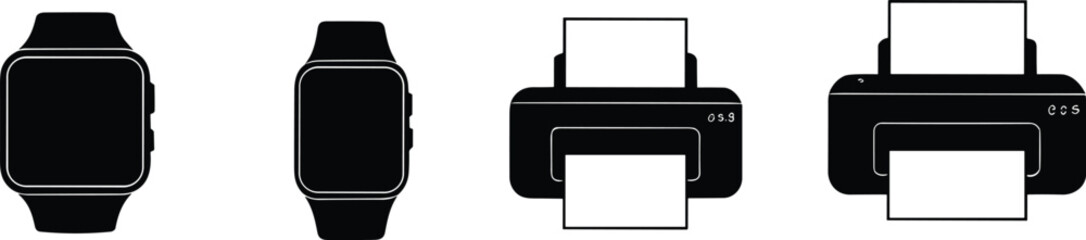 Set of Smartwatch and Printer Silhouette Icons in Vector Format – Modern Electronic Devices for Tech, Office, or Digital Design Projects