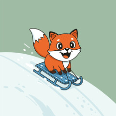 A joyful cartoon fox zooms downhill on a blue sled, snow flying behind as it grins with excitement, capturing the thrill of a playful winter ride.