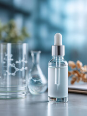 Photorealistic serum bottle in clean white lab setup AI generative