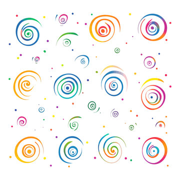 Colorful abstract spiral circles and dots pattern on a white background. Excellent for children's designs, graphic art blogs, or articles on fun, energy, and motion