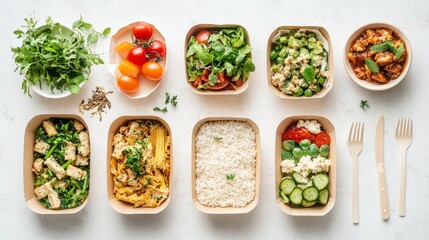 36.A neatly organized display of takeaway food in eco-friendly packaging, including rice, pasta, and salads. Each dish is packaged in kraft paper containers, with plastic cutlery placed beside them.