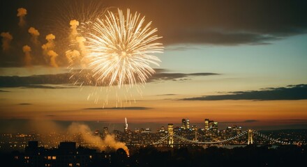 City skyline illuminated by fireworks during twilight