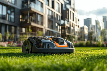 Automatic lawn mower trimming grass in urban neighborhood.