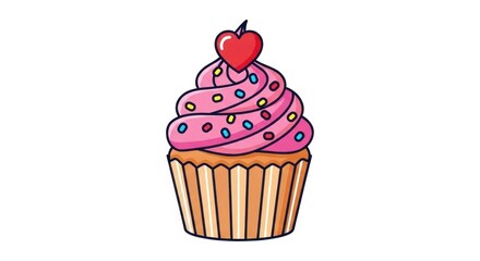 Adorable pink frosted cupcake with sprinkles topped by a red heart, on a white backdrop