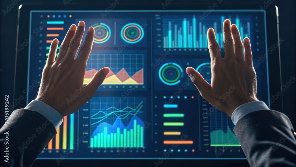 Aufkleber hands reaching toward digital interface with graphs and data visuals