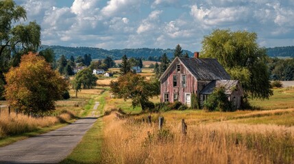 Dilapidated farmhouse under a cloudy sky in a rural landscape with a winding road
