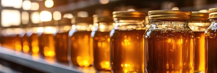 Honey jars in a row glistening golden, sealed with gold lids reflecting light