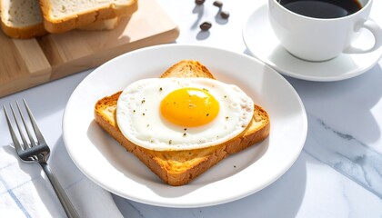 Sunny-side-up egg atop toast, served with coffee, breakfast setting. Complete with cutlery and more toast slices