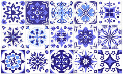 Italian ceramic blue and white tile pattern. Mediterranean porcelain pottery. Ethnic folk ornament. Mexican talavera, Portuguese azulejo, Spanish majolica, arabesque motif. Vector illustration
