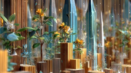 Obraz premium Fantasy Waterfall Garden with Blooming Flowers and Wooden Blocks in Magical Forest Scene