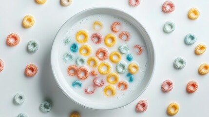 63.A realistic photo of a deep dish filled with an assortment of colorful cereal rings, soaked in creamy milk. The bright colors of the cereal stand out against the smooth, white milk, with some