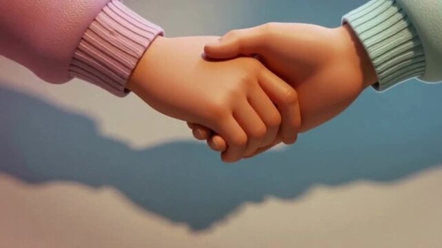3D animation of two hands joining with soft shadow and pastel background, symbol of kindness, connection, and happy bonding