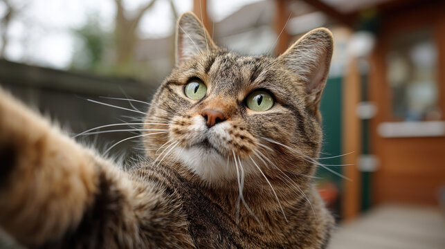 Curious tabby cat stretching neck up, bright green eyes