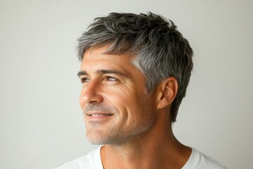 Fototapeta premium Pure white solid background. Fashionable men's crew cut haircut