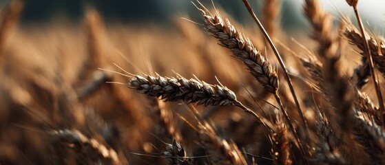 Fototapeta premium Golden wheat field at sunset, closeup of ripe ears of grain in warm light Concept of agriculture, harvest, and rural landscape