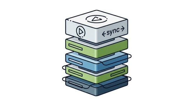 Isometric illustration of a multi-layered data storage system with synchronization arrows, showcasing a tiered architecture and seamless data flow