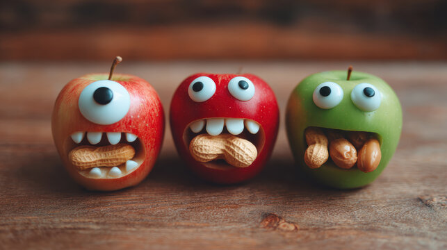 Cute scary halloween apple cyclop with peanut mouth