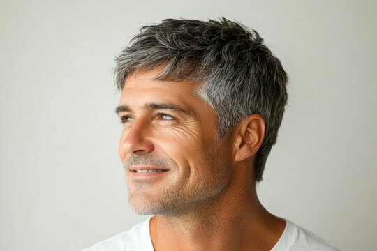 Pure white solid background. Fashionable men's crew cut haircut