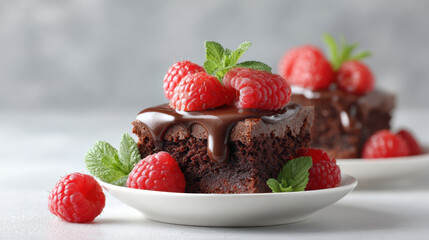 Decadent chocolate brownie with glossy ganache and fresh