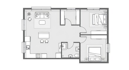 Apartment floorplan with living, kitchen, bath and two bedrooms in monochrome