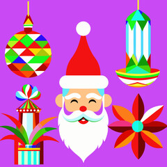 Fototapeta premium Whimsical flat design christmas decorations featuring santa claus bauble lantern and festive flower on purple background