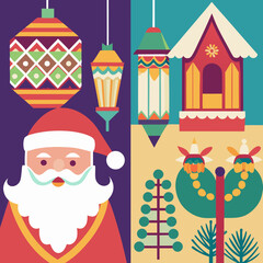 Whimsical flat design illustration of santa claus with festive lanterns and a cozy christmas village scene