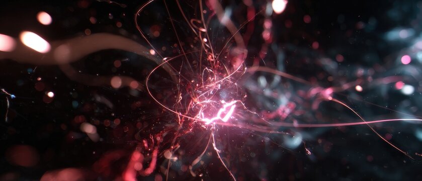 Abstract energy burst with glowing red light trails and bokeh on dark background Concept of power, technology, and futuristic design