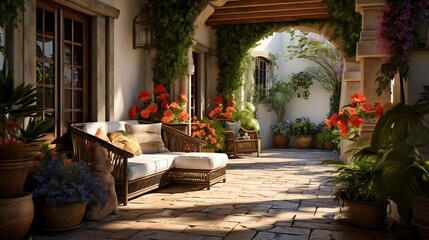 Obraz premium Tranquil Mediterranean Courtyard Oasis with Lush Greenery and Warm Stone Pavers creates serenity