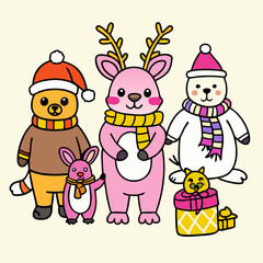 Fototapeta premium Cute cartoon christmas animals including a bear reindeer polar bear and bunny wearing festive hats and scarves with presents