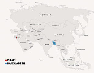 Fototapeta premium Bangladesh and Israel Highlighted on Asia Map Showing Borders and Geographic Locations