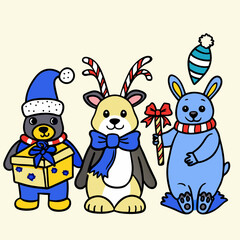 Fototapeta premium Cute cartoon teddy bear reindeer and bunny characters dressed in festive holiday attire and accessories holding gifts and candy canes