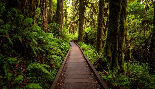 Lush forest boardwalk path