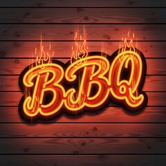 Glowing barbecue neon sign on wooden background for outdoor cooking and grilling theme