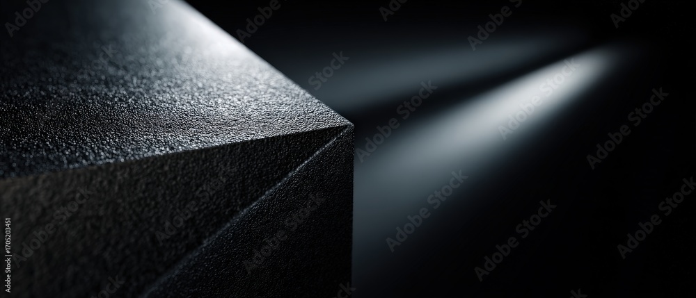 Poster abstract black cube with textured surface illuminated by a bright light beam in a dark studio concep