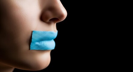 Blue Tape on Mouth Symbolizing Silence, Censorship, Freedom of Speech Restriction and Human Rights Concept