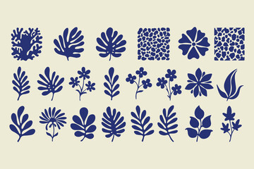 Matisse inspired curves and abstract floral art set groovy organic doodle shapes in retro hippie style with blue botanical vector illustration.eps